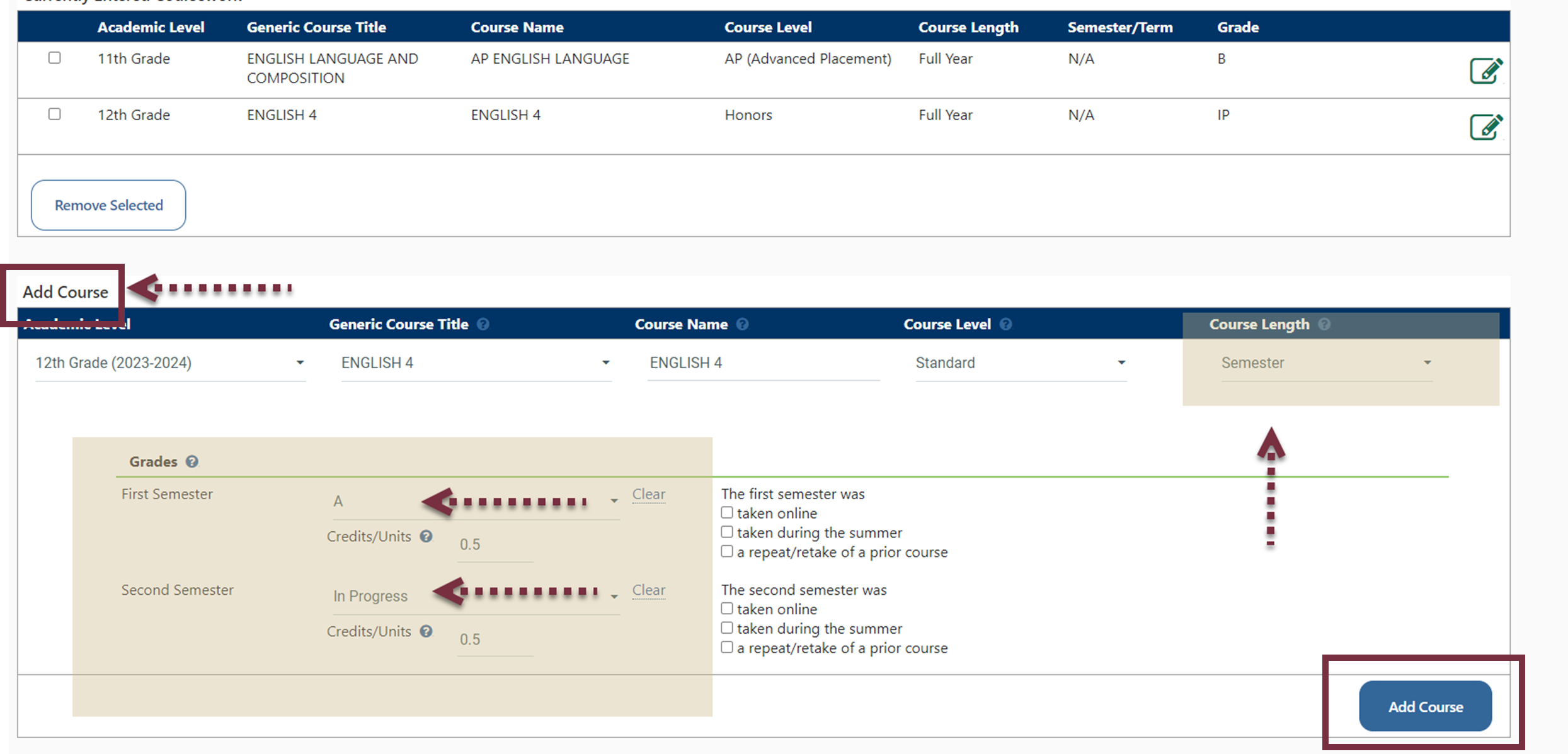 First image showing how to update the STARS Record to reflect first semester grades if my courses are entered as full year courses