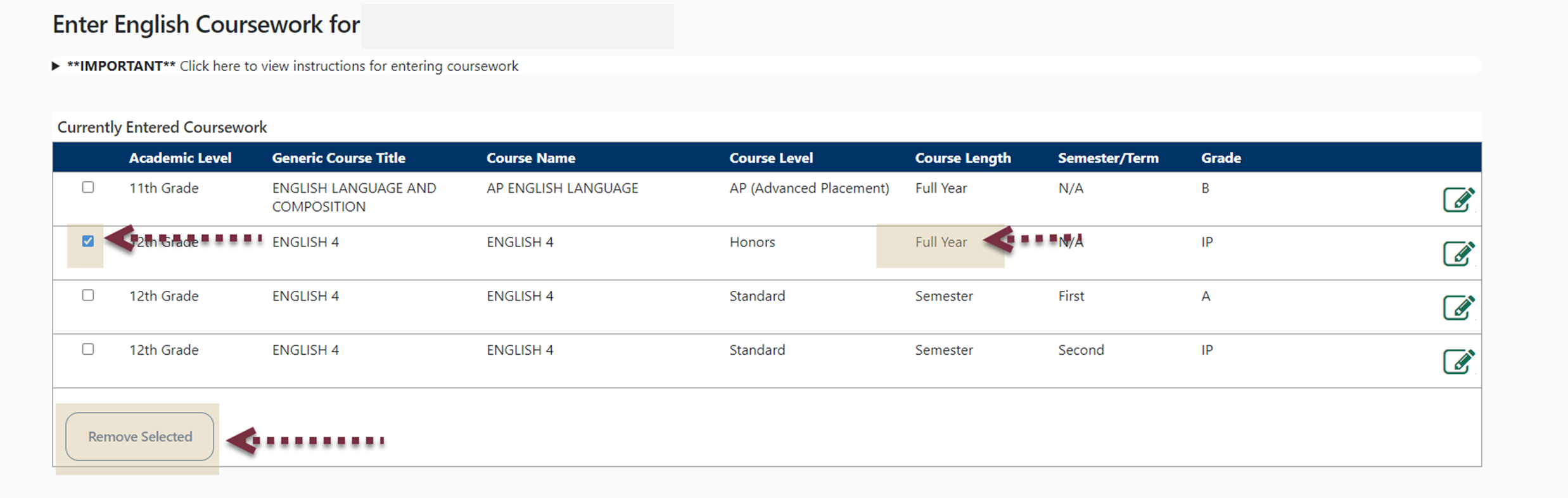 Second image showing how to update the STARS Record to reflect first semester grades if my courses are entered as full year courses